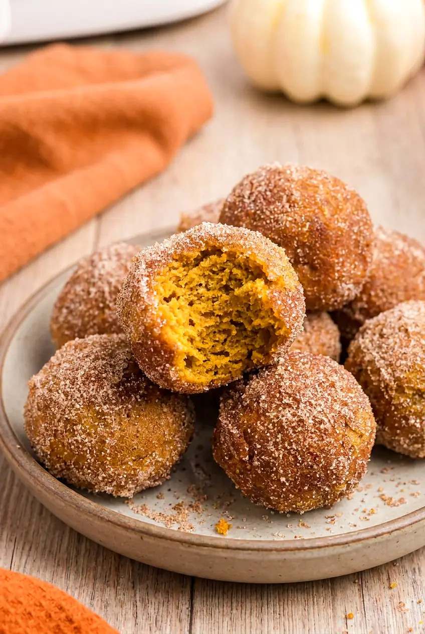 Close-up of air fryer pumpkin donut holes showing the soft crumb and cinnamon sugar coating