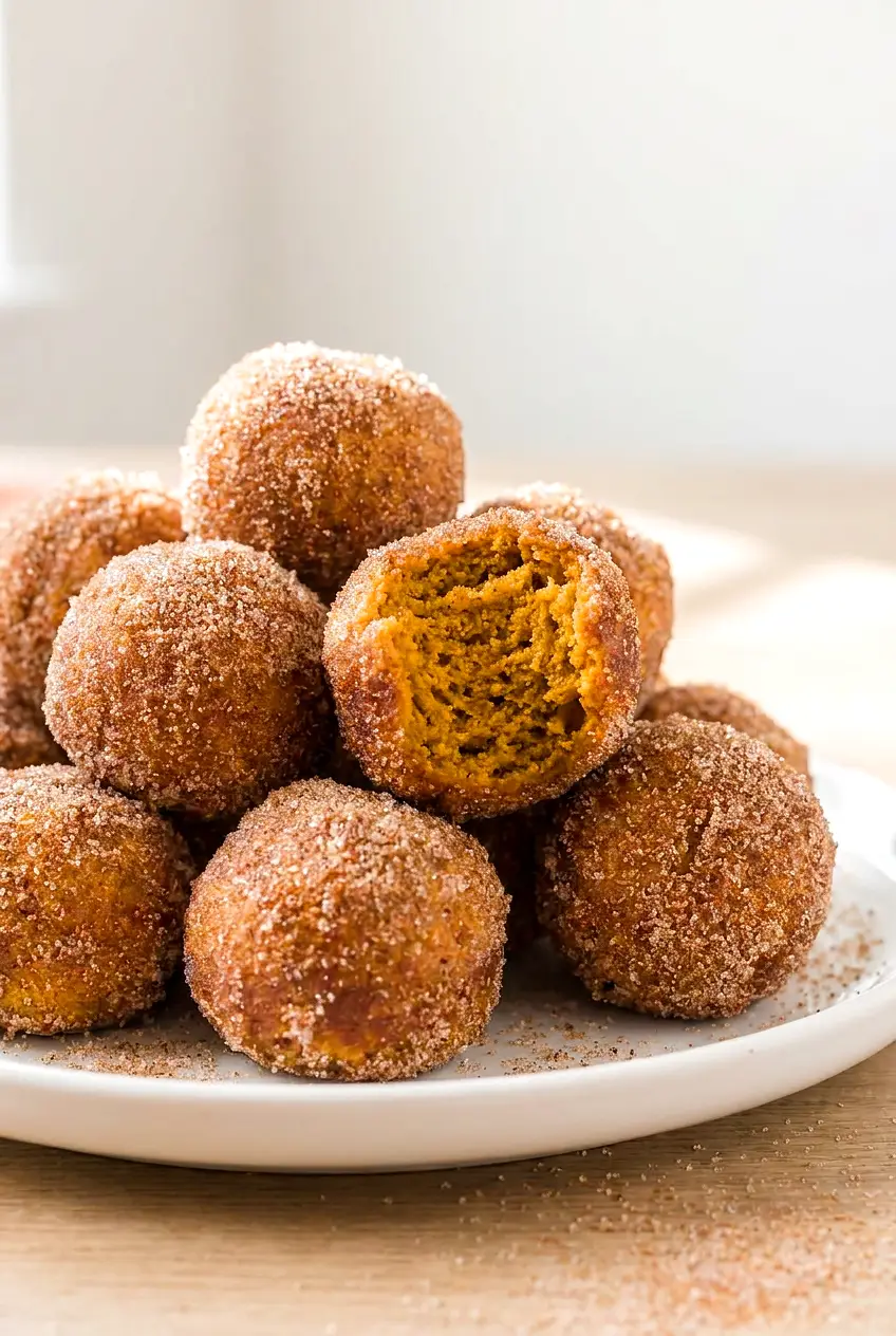 Close-up of air fryer pumpkin spice donuts showing the soft cake crumb and cinnamon-sugar coating