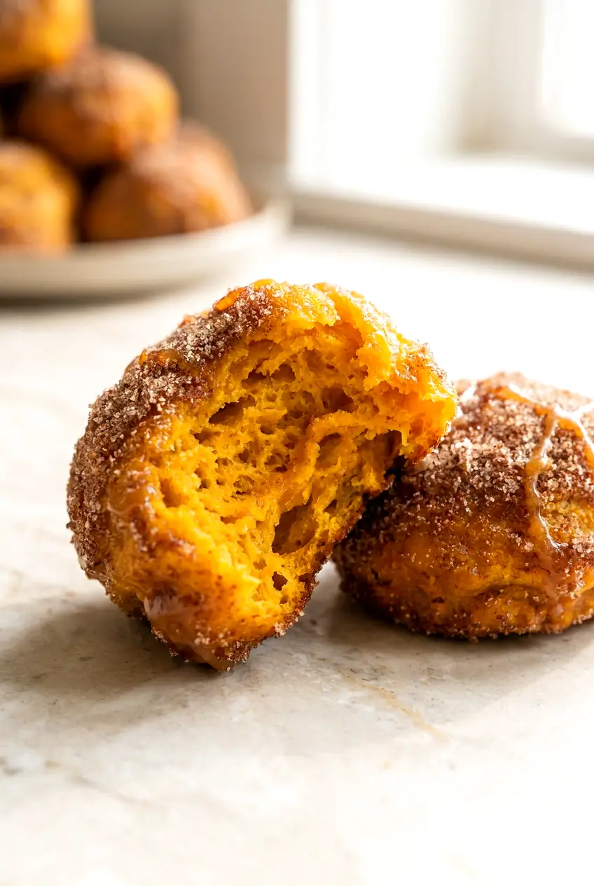 Close-up of air fryer pumpkin fritters showing a tender center and crisp cinnamon sugar-coated edges