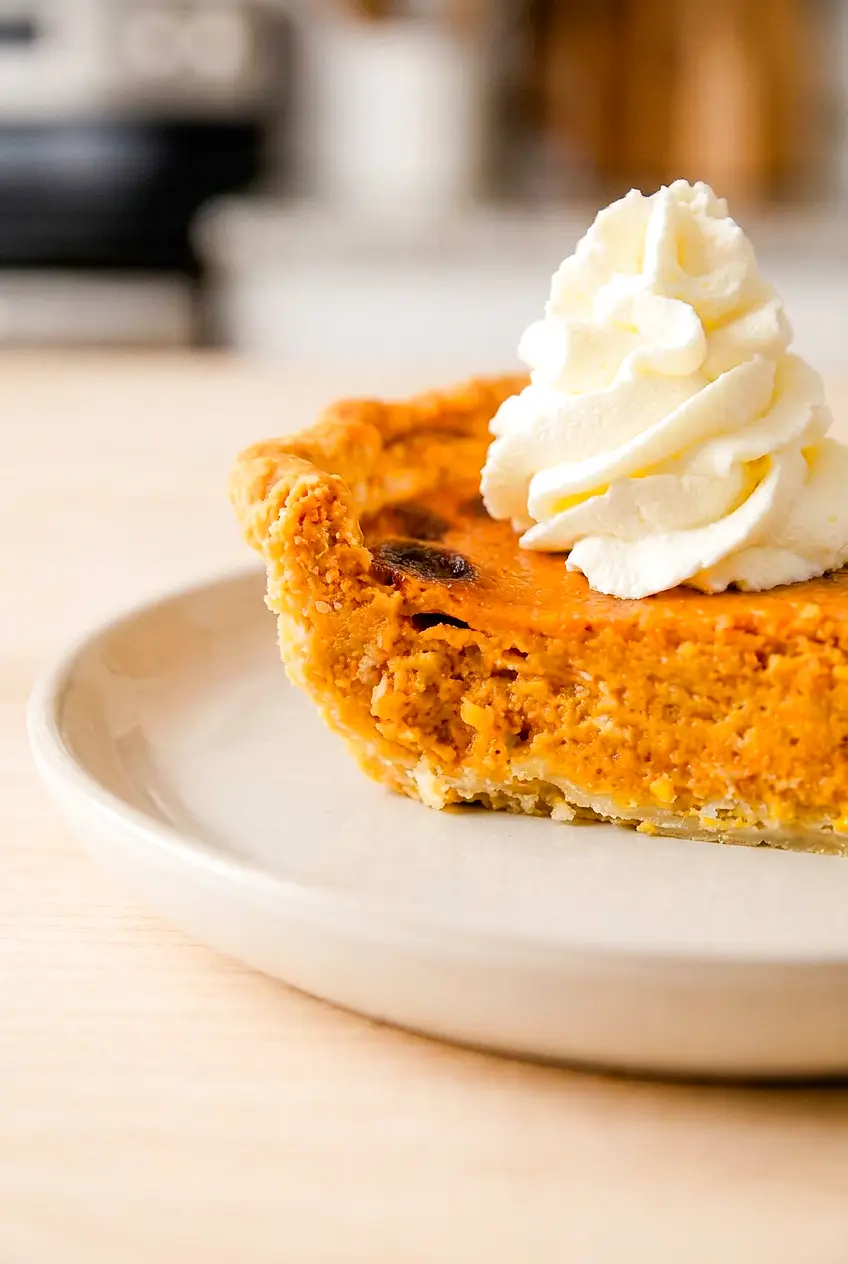 Close-up of air fryer pumpkin pie showing the smooth spiced filling and flaky crust