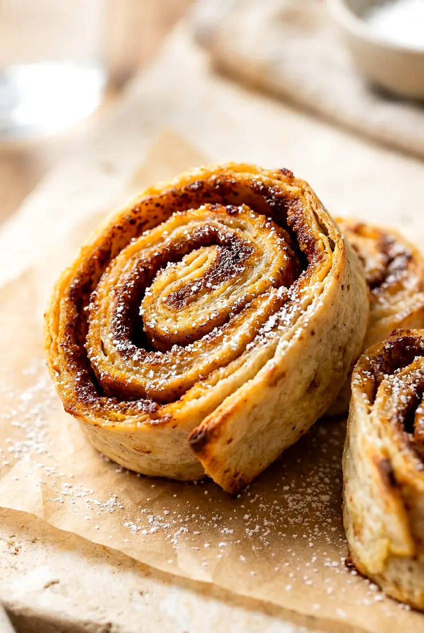 Close-up of air fryer pumpkin pinwheels showing the creamy pumpkin filling and crisp browned tortilla spirals.