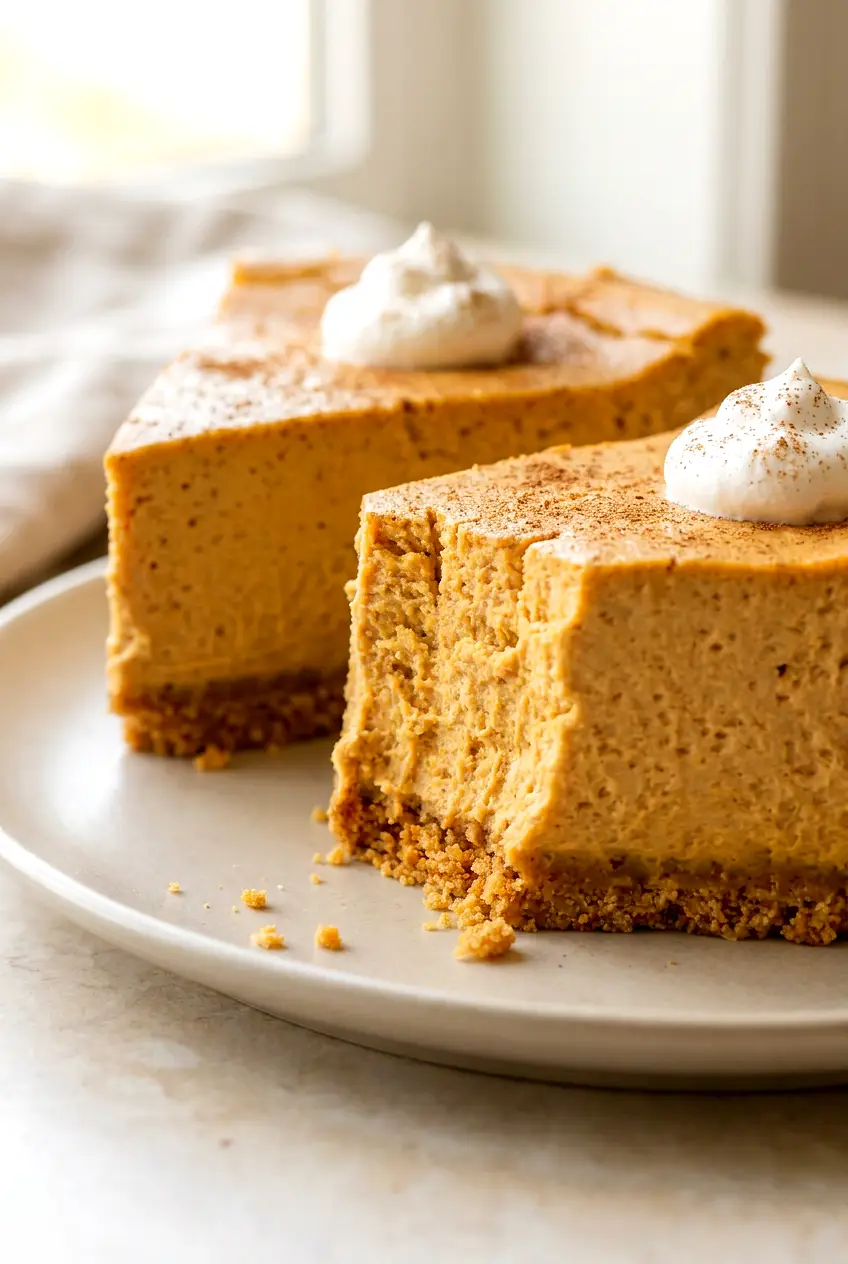 Close-up of a sliced air fryer pumpkin cheesecake showing the creamy pumpkin filling and graham crust