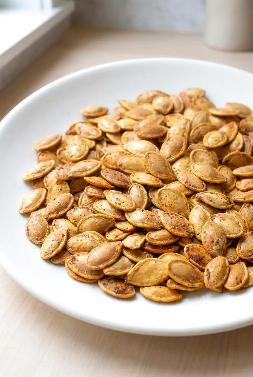 Close-up of air fryer pumpkin seeds showing crisp shells and toasted seasoning on a white plate