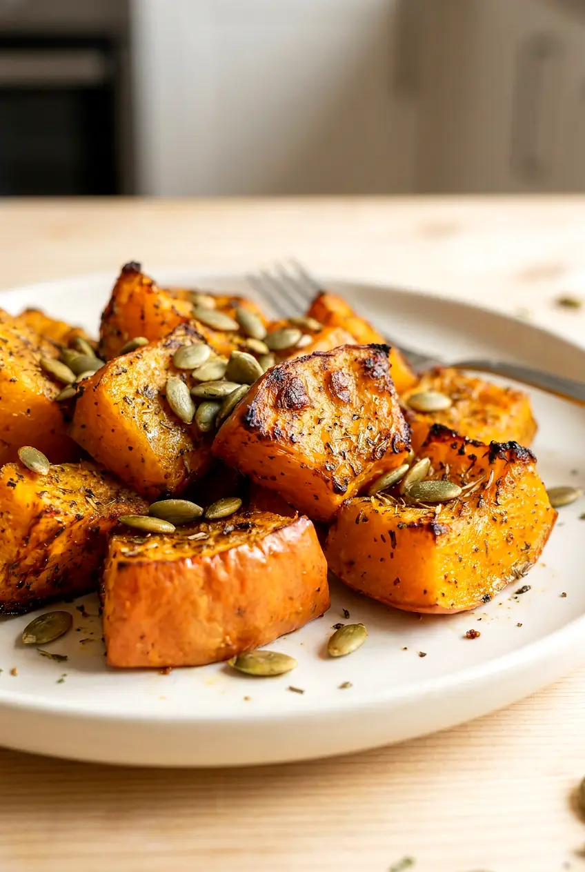 Close-up of air fryer caramelized pumpkin showing browned edges and tender chunks with pumpkin seeds.
