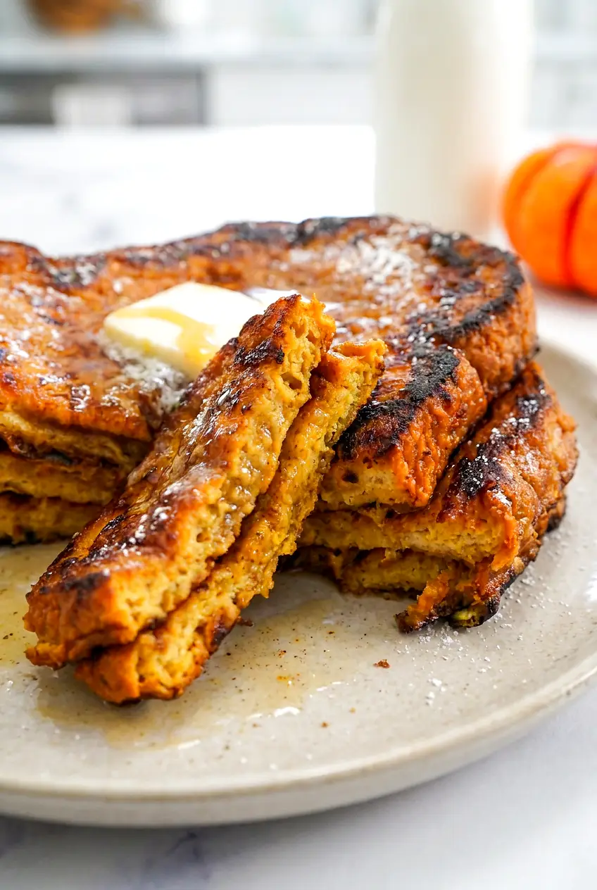 Close-up of air fryer pumpkin French toast showing a set center and lightly crisp edges