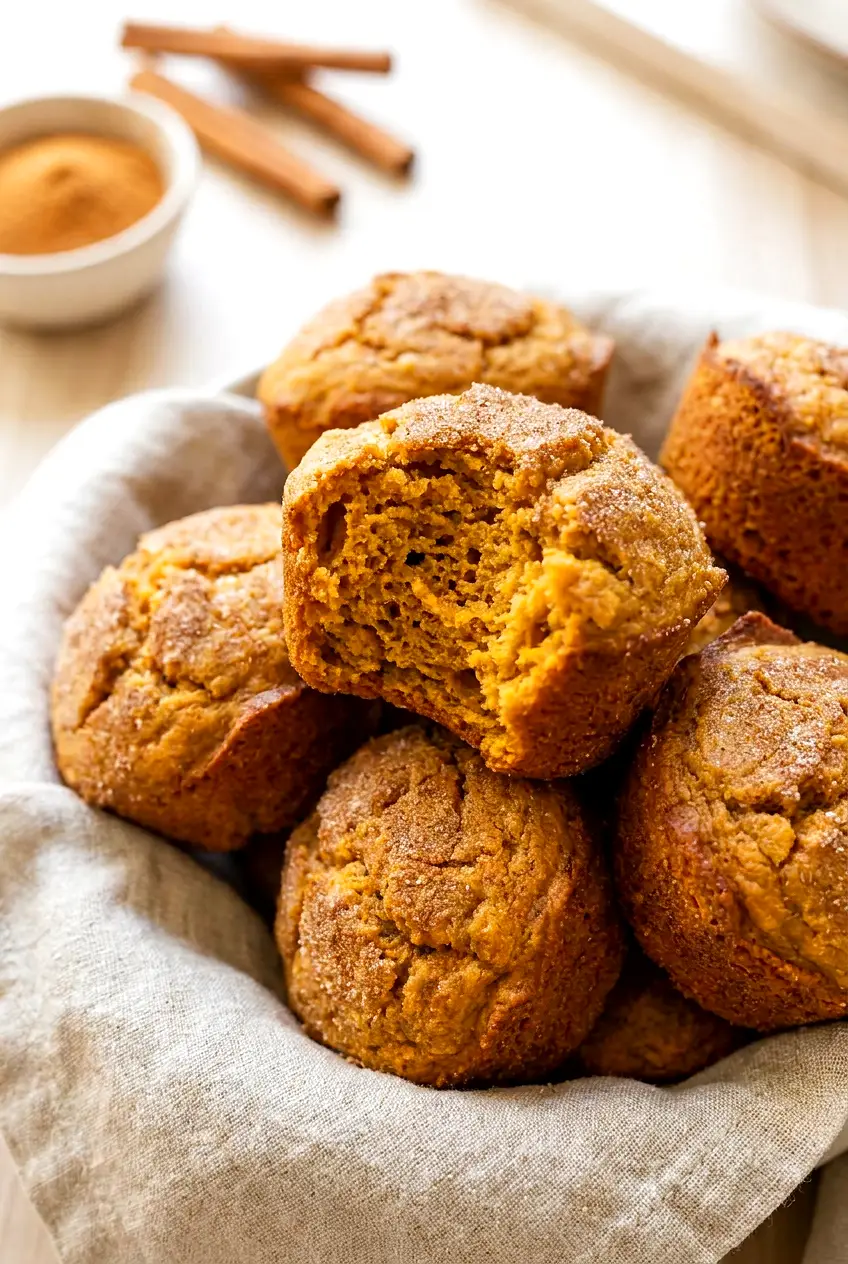 Close-up of air fryer pumpkin muffins showing a soft crumb and cinnamon sugar topping