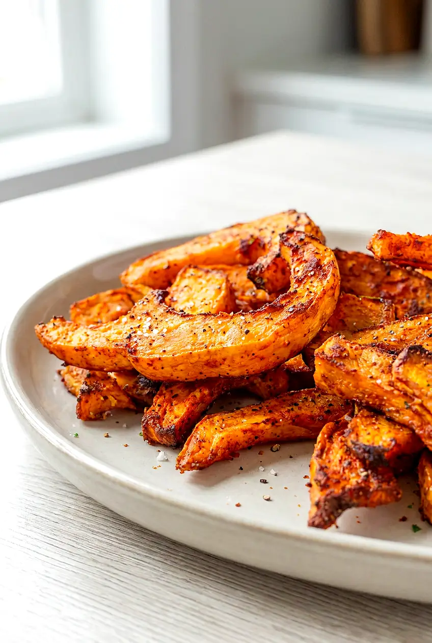 Close-up of air fryer pumpkin fries showing crisp edges and tender centers