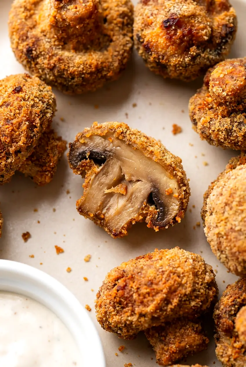 Close-up of air fryer fried mushrooms showing the crisp breadcrumb coating and tender texture.