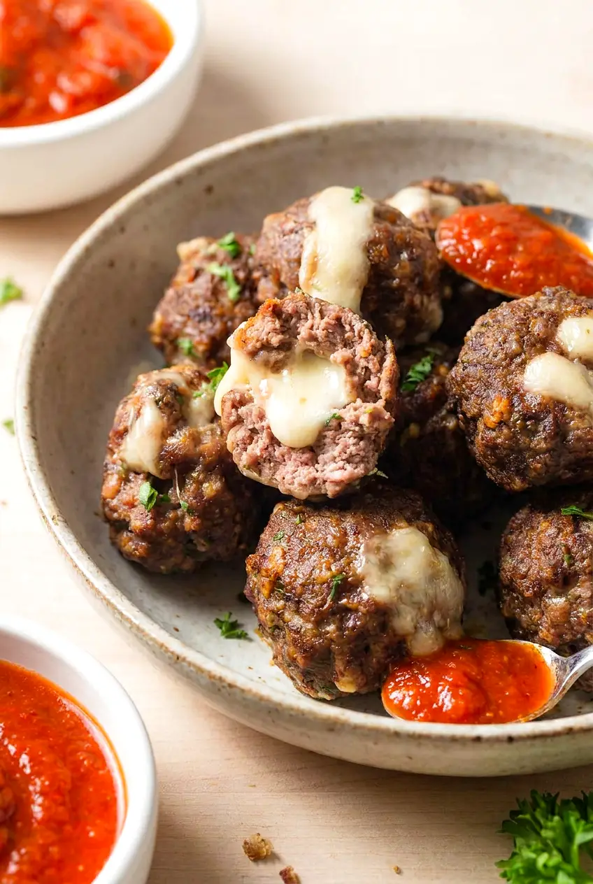 Close-up of air fryer cheese stuffed meatballs showing a cut-open center with melted mozzarella and browned exterior