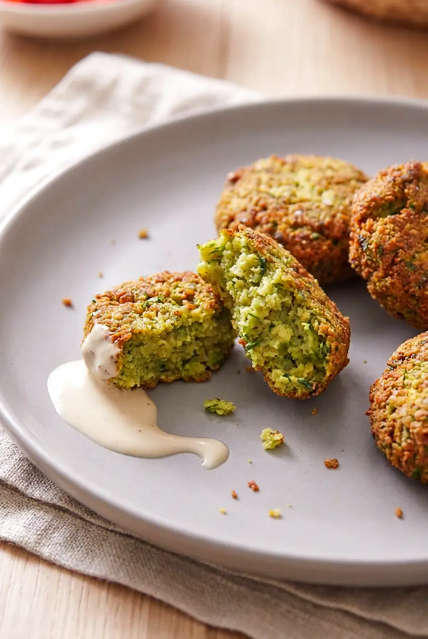 Close-up of air fryer falafel showing a crisp golden exterior and tender herb-filled center with tahini sauce
