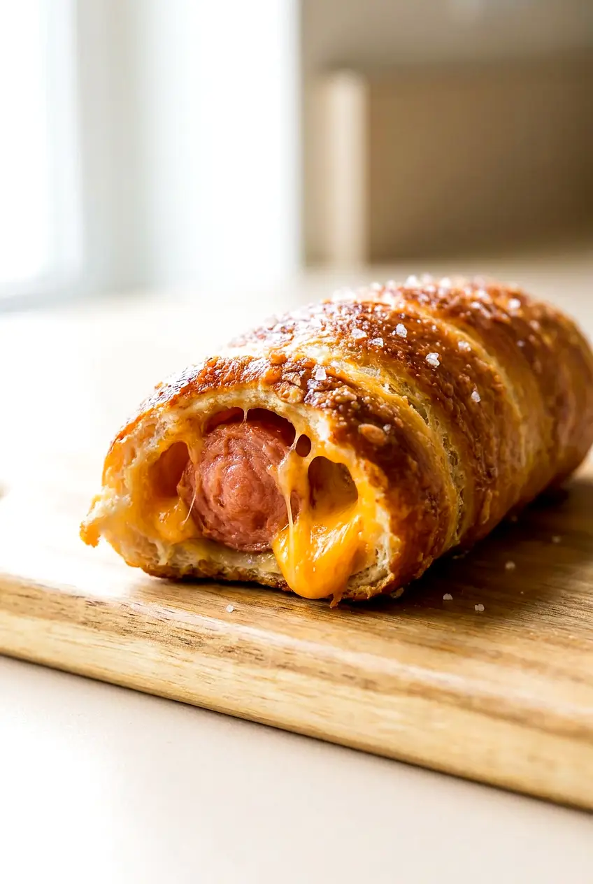 Close-up of an air fryer pretzel dog showing the golden crust and melted cheddar filling