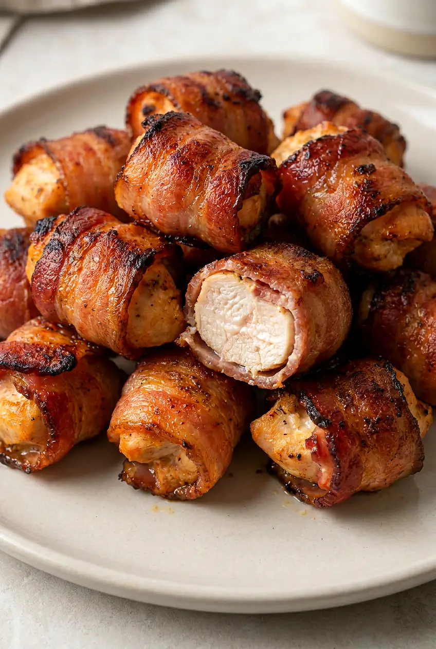 Close-up of air fryer bacon wrapped chicken bites showing crisp bacon edges and juicy chicken inside.