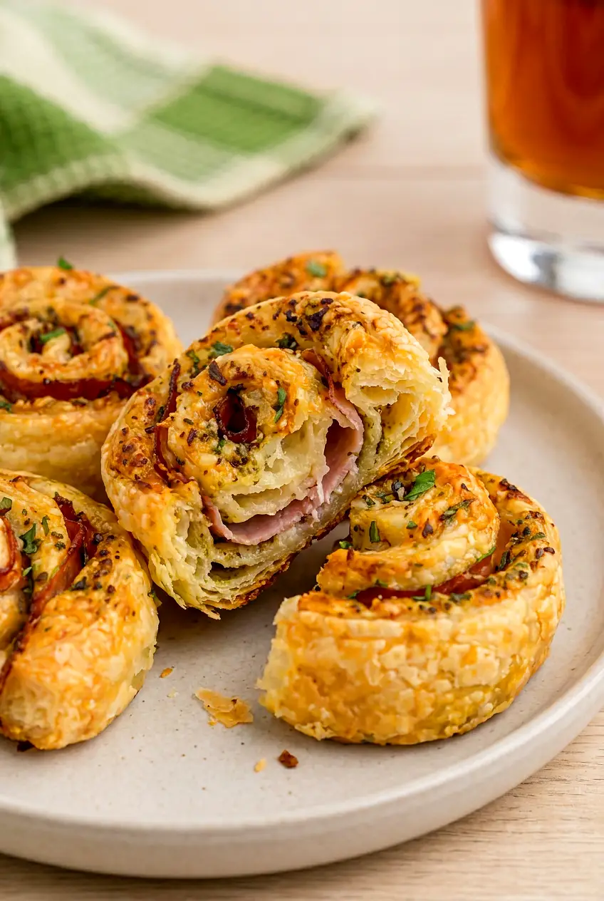 Close-up of air fryer pesto pinwheels showing the flaky pastry layers and savory filling.