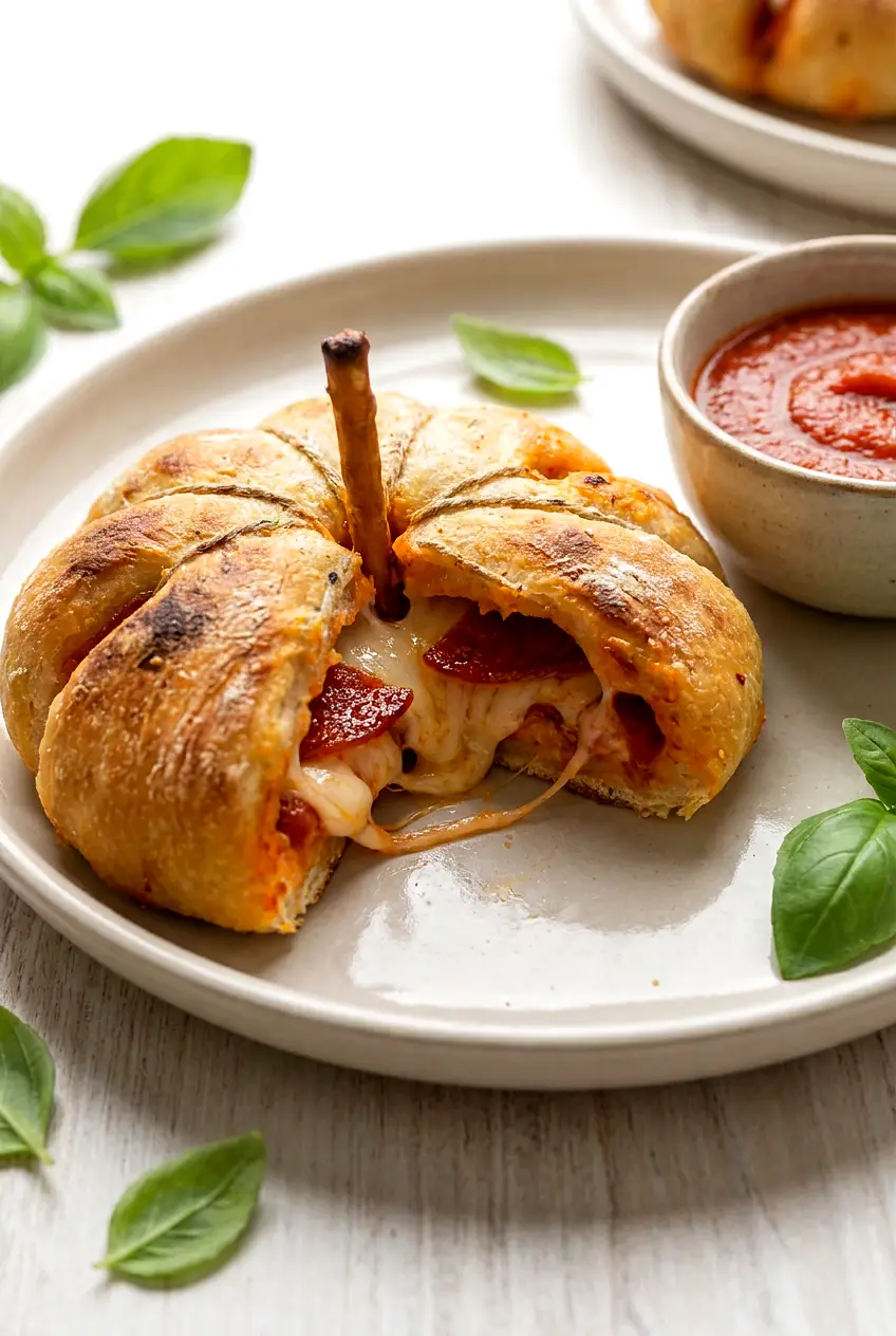 Close-up of a cut-open Air Fryer pepperoni pizza pumpkin showing melted mozzarella and pepperoni filling