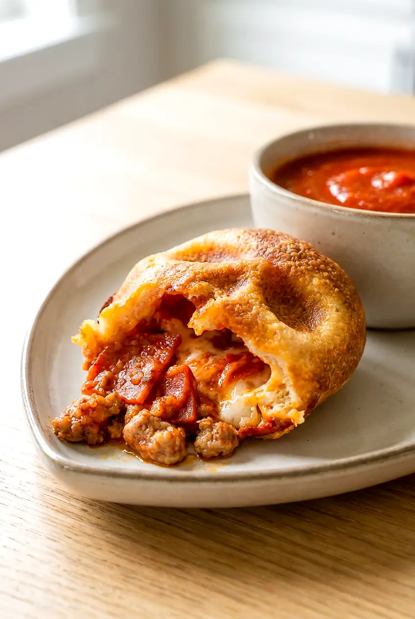 Close-up of a cut-open Air Fryer Pizza Skull showing melted cheese, pepperoni, and sausage filling