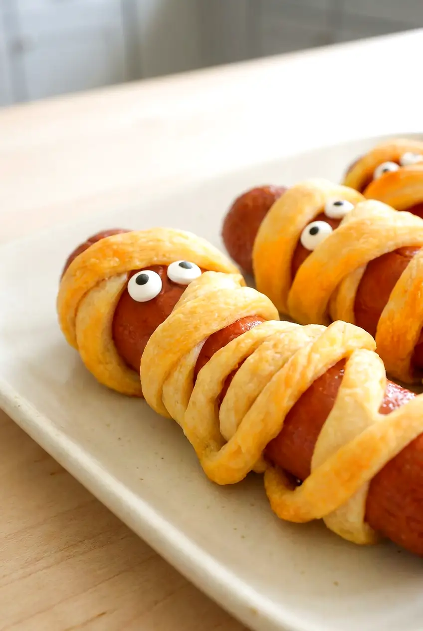 Close-up of Air Fryer Mummy Dogs showing the crisp crescent dough wraps and the face end with candy eyes
