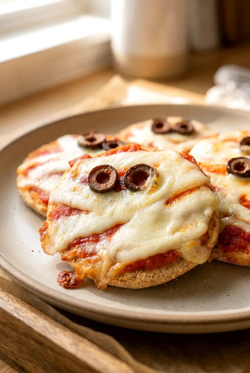 Close-up of air fryer mummy English muffin pizzas showing melted mozzarella strips, pepperoni, and crisp muffin edges