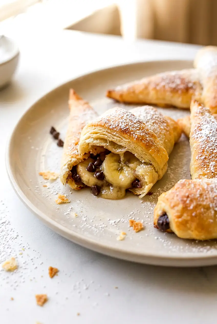 Close-up of air fryer crescent roll witch hats showing the banana and chocolate chip filling