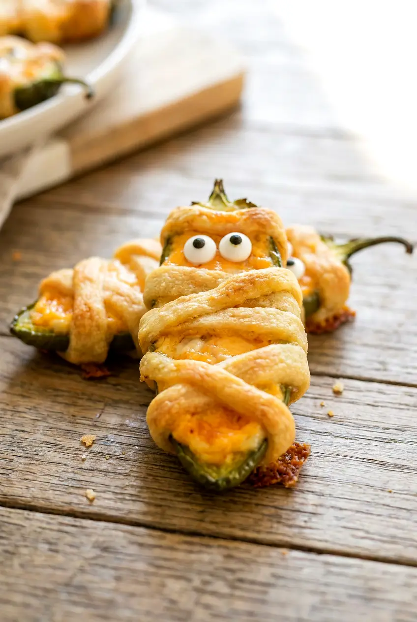 Close-up of air fryer jalapeño popper mummies showing the golden crescent wrap and creamy jalapeño filling