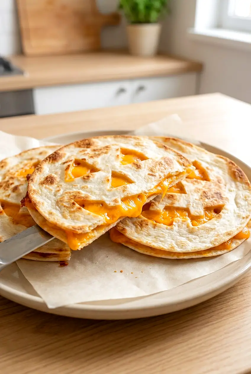 Close-up of air fryer jack-o’-lantern quesadillas showing melted cheese and the cut-out pumpkin face