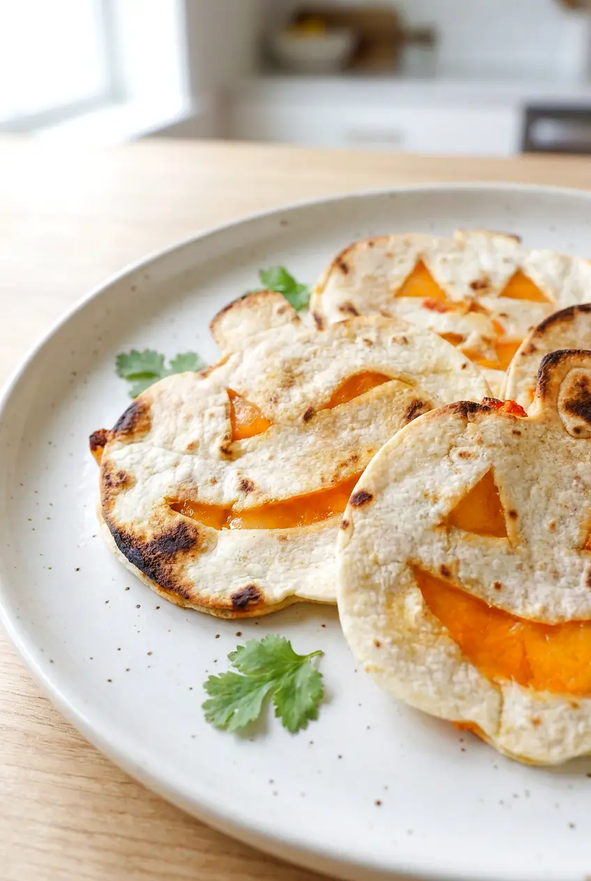 Close-up of air fryer ghost quesadillas showing melted cheese and a crisp golden tortilla edge with cilantro