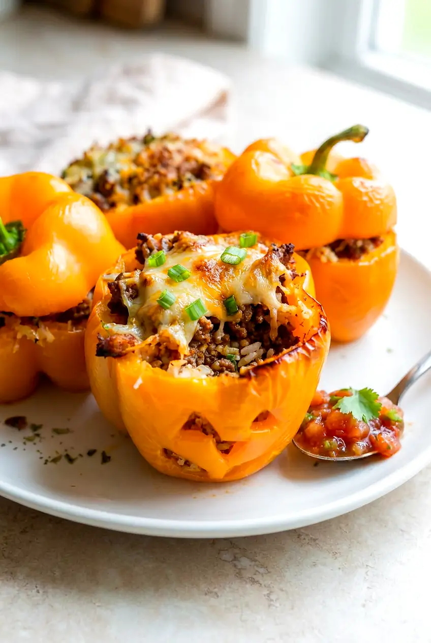 Close-up of Air Fryer Jack-O’-Lantern Stuffed Peppers showing the taco meat, rice filling, and melted cheese