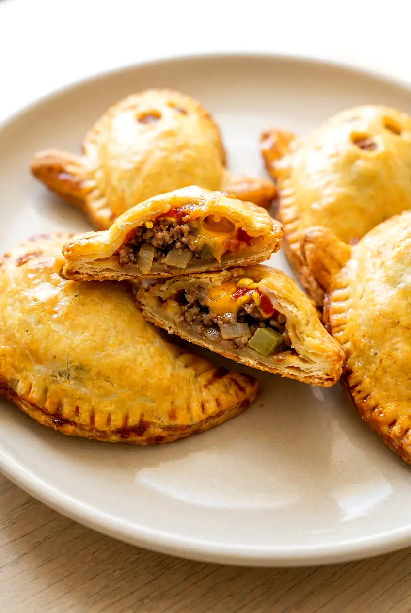 Close-up of a cut-open air fryer cheeseburger ghost pie showing the beef and cheddar filling.