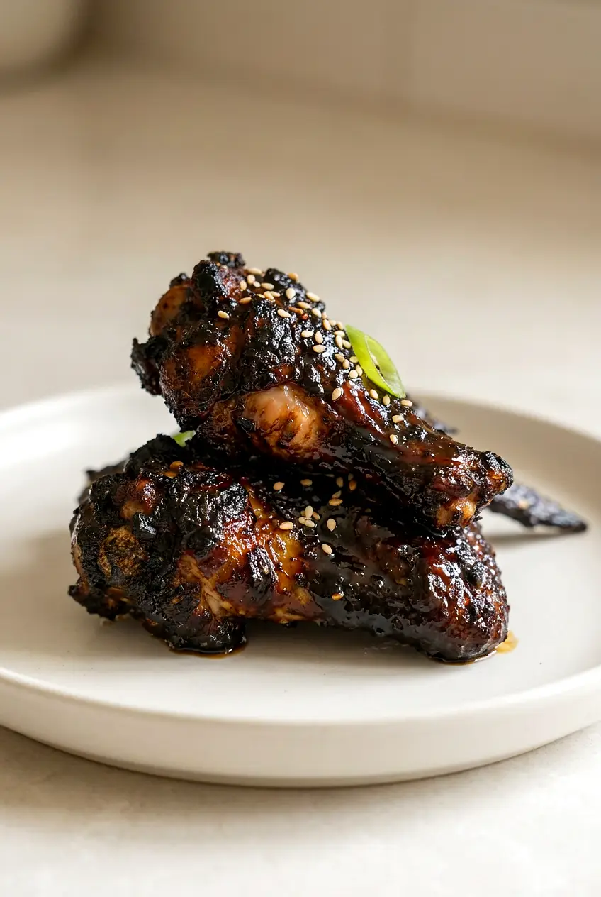 Close-up of Air Fryer Spooky Bat Wings showing crisp edges and sticky glaze