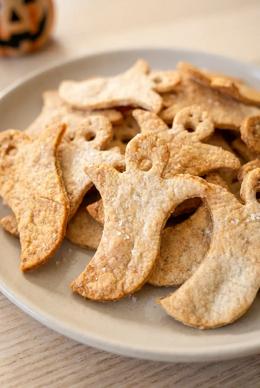 Close-up of Air Fryer ghost tortilla chips showing crisp edges and lightly golden toasted spots
