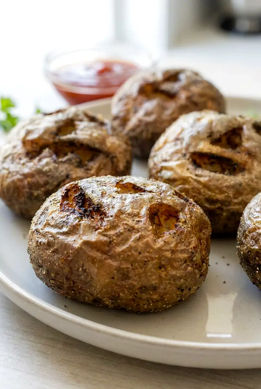 Close-up of air fryer potato skulls showing crisp browned edges and spooky carved faces on the potatoes