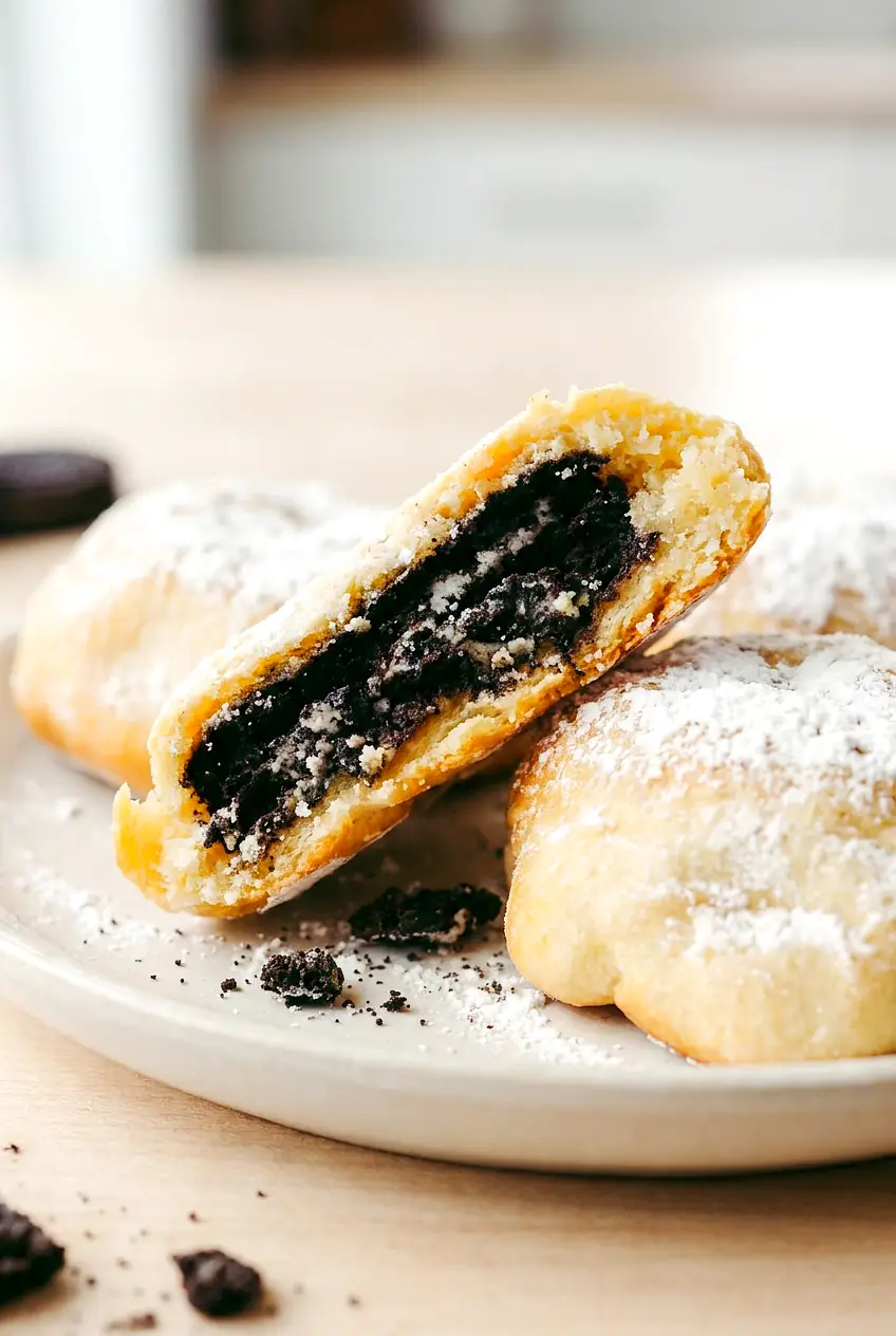 Close-up of a split Air Fryer Oreo Halloween Cookie showing the melted Oreo filling inside the golden crescent dough