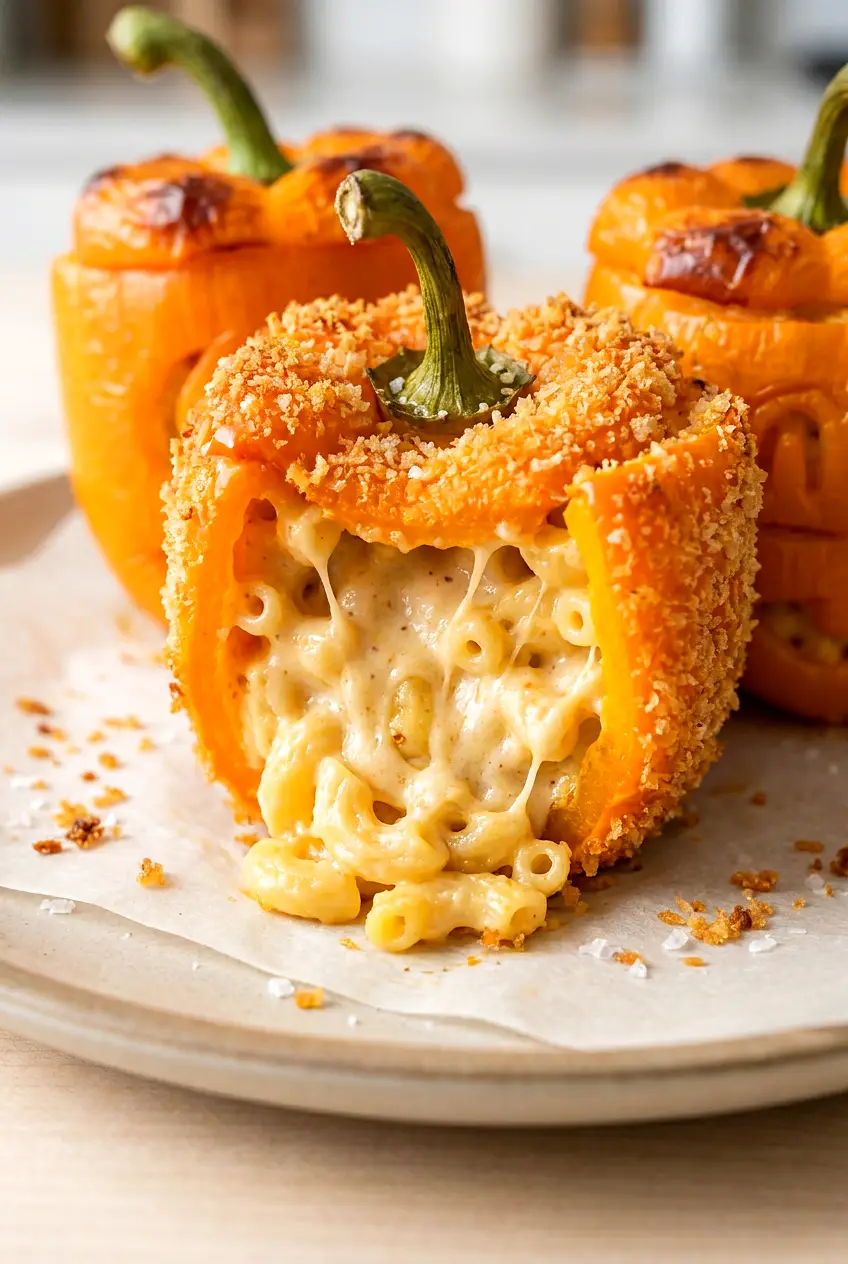 Close-up of air fryer mini mac-o-lanterns showing the crunchy coating and creamy mac and cheese center