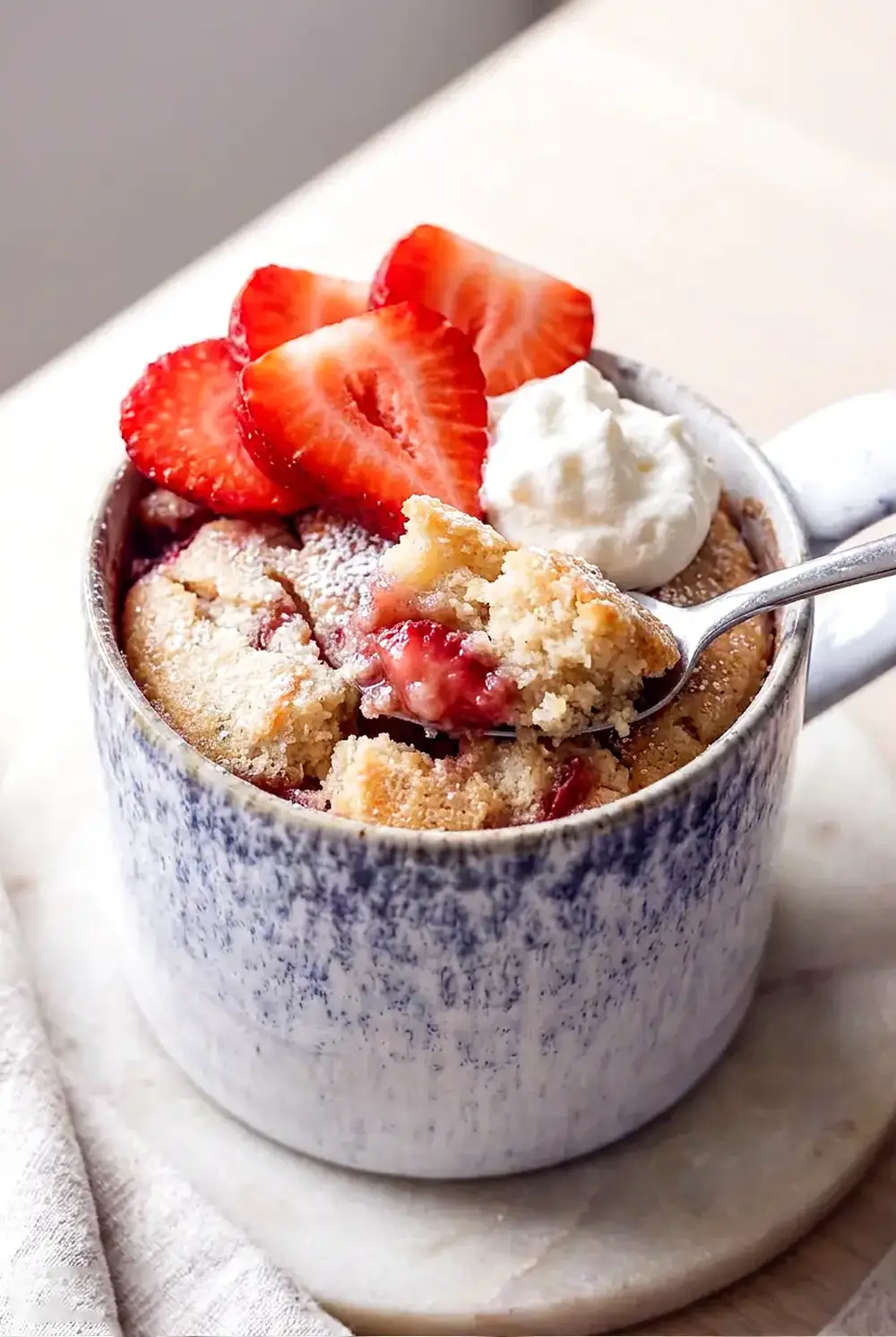 Close-up of air fryer mug cake with a soft crumb and fresh strawberries on top