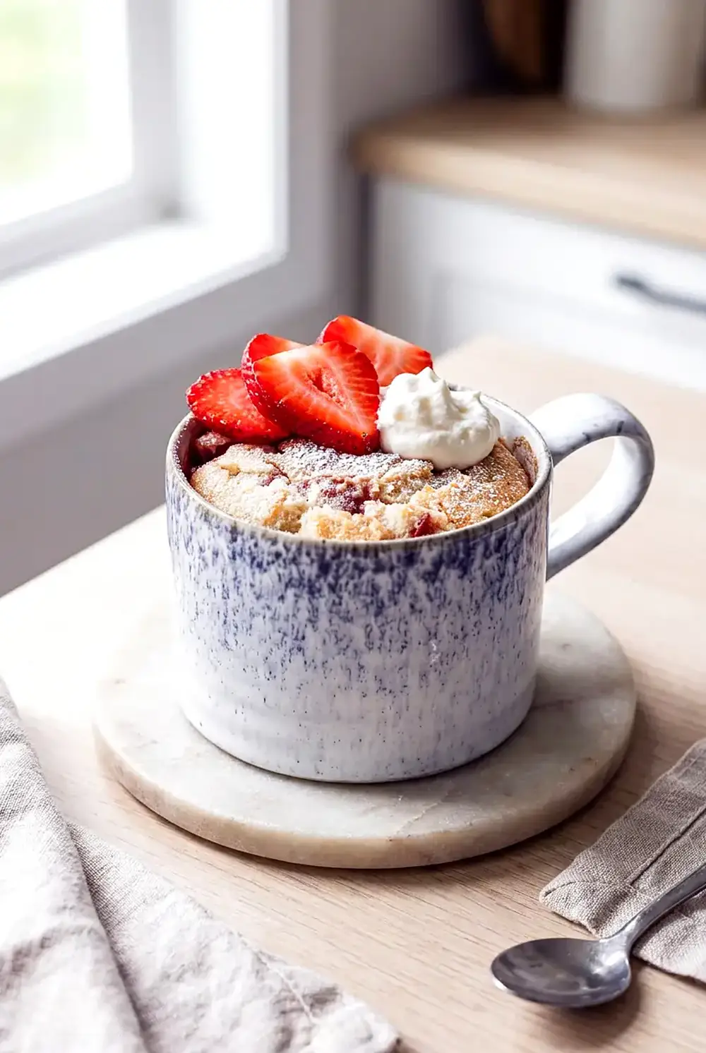 Air fryer mug cake topped with strawberries and whipped cream on a small plate