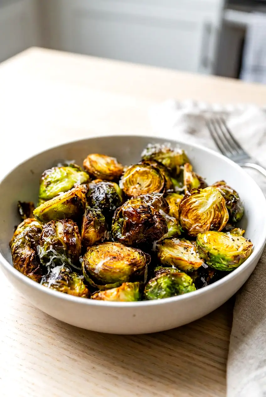 Air fryer Brussels sprouts in a bowl with browned edges and a sprinkle of cheese