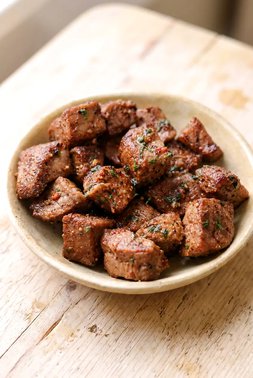 Air fryer steak bites served in a bowl with browned edges and a light garlic butter finish