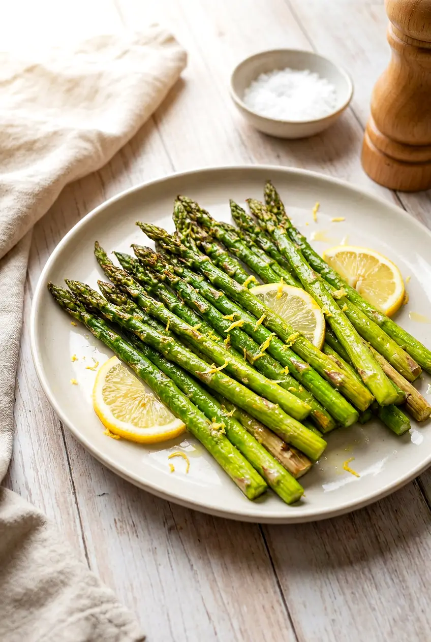 Air fryer asparagus on a plate with browned tips and a lemon finish