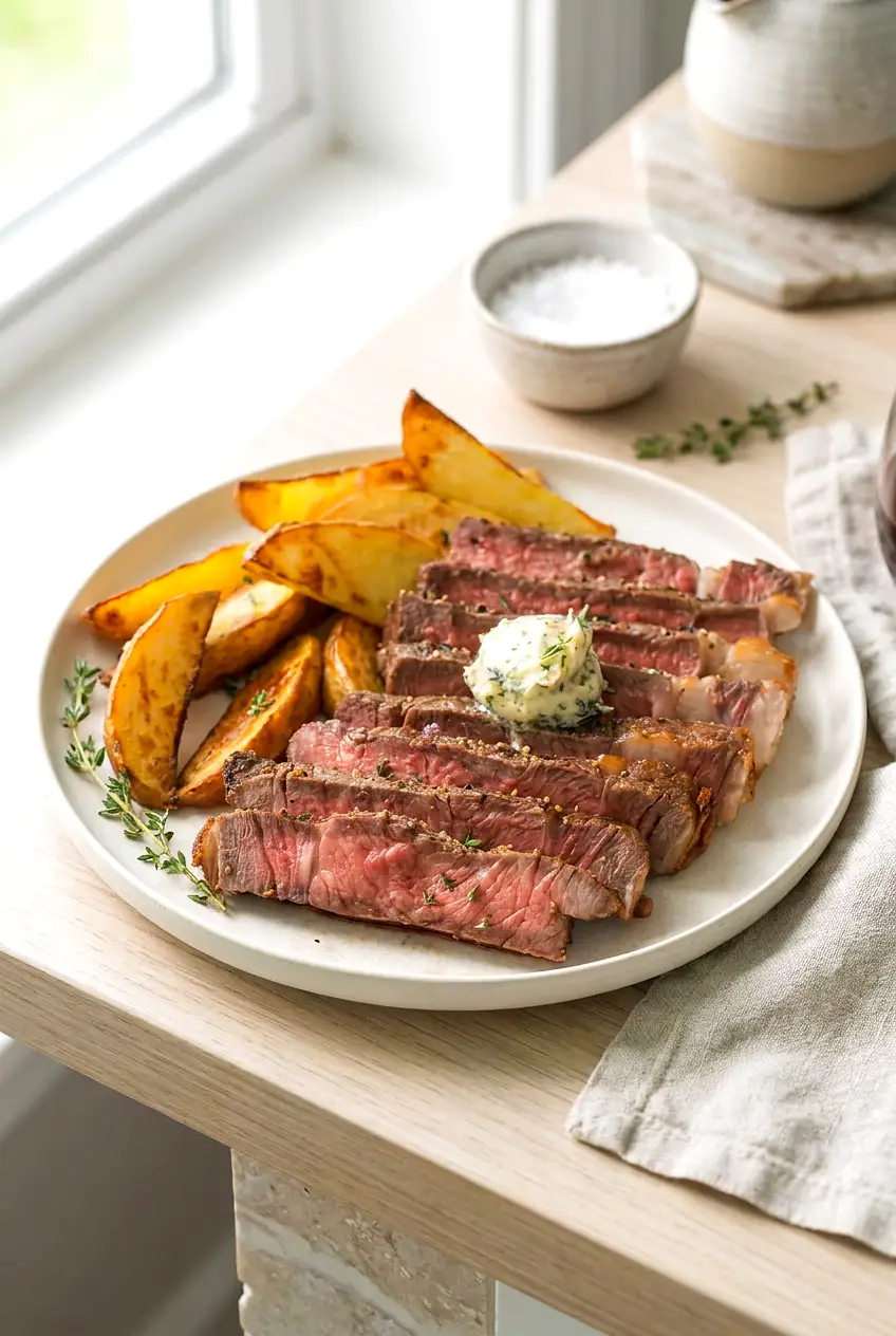 Air fryer ribeye steak served on a plate with herb butter melting over the top