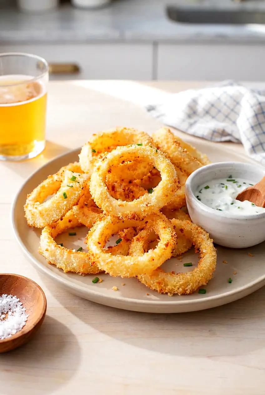 Air fryer onion rings served on a plate with a golden crisp panko coating