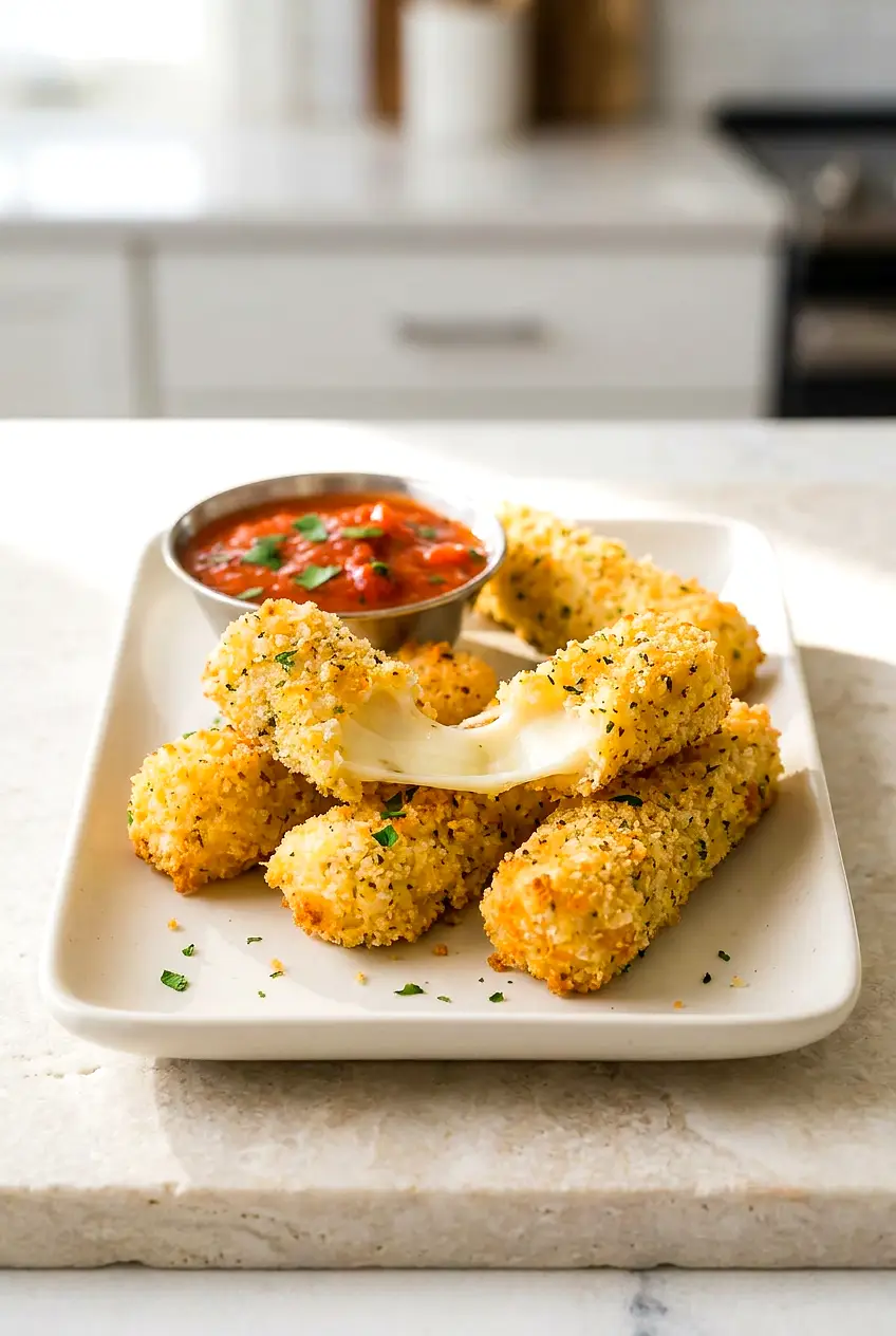Air fryer mozzarella sticks served on a plate with marinara dipping sauce and a crisp golden coating