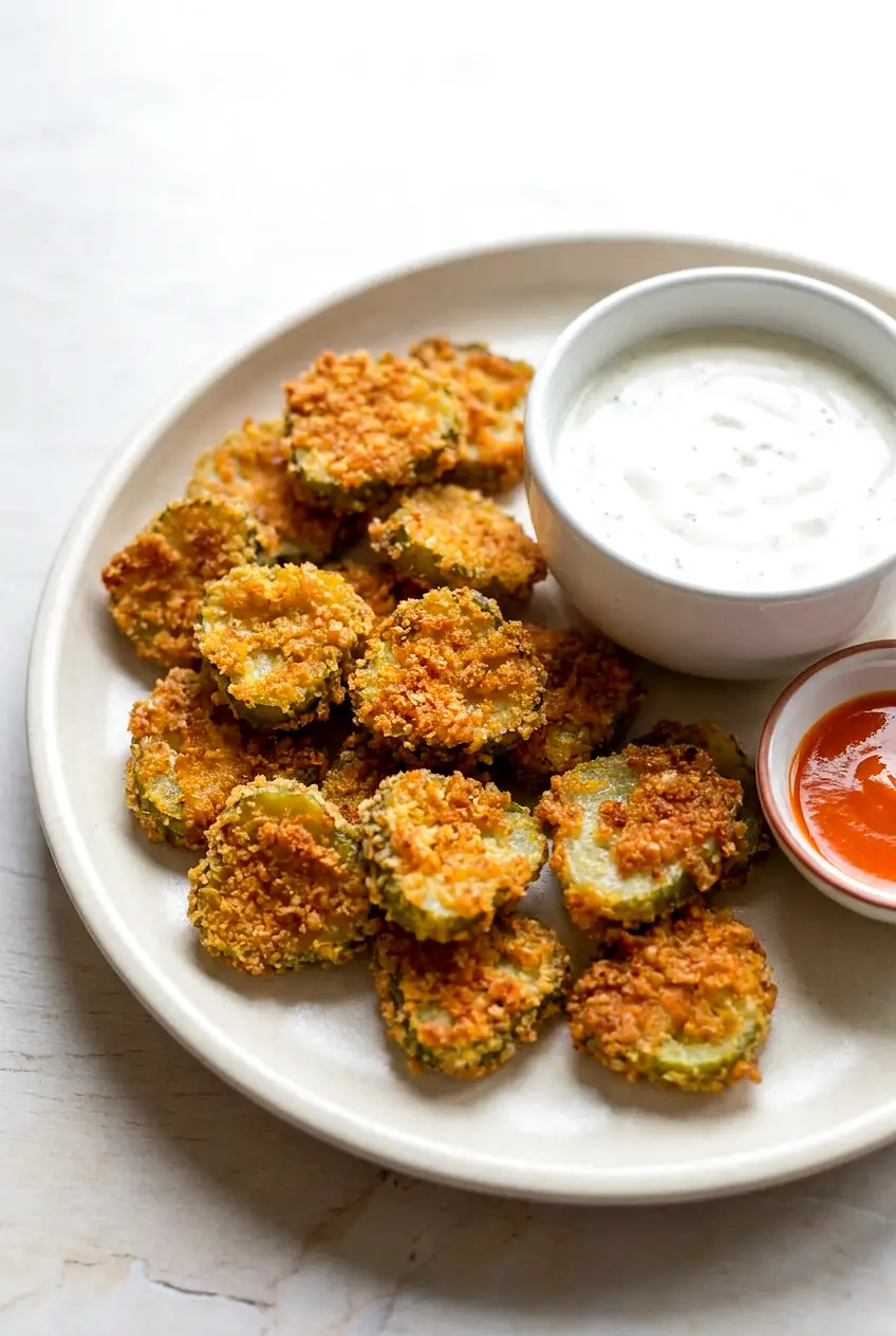 Air fryer fried pickles on a plate with ranch dip and hot sauce