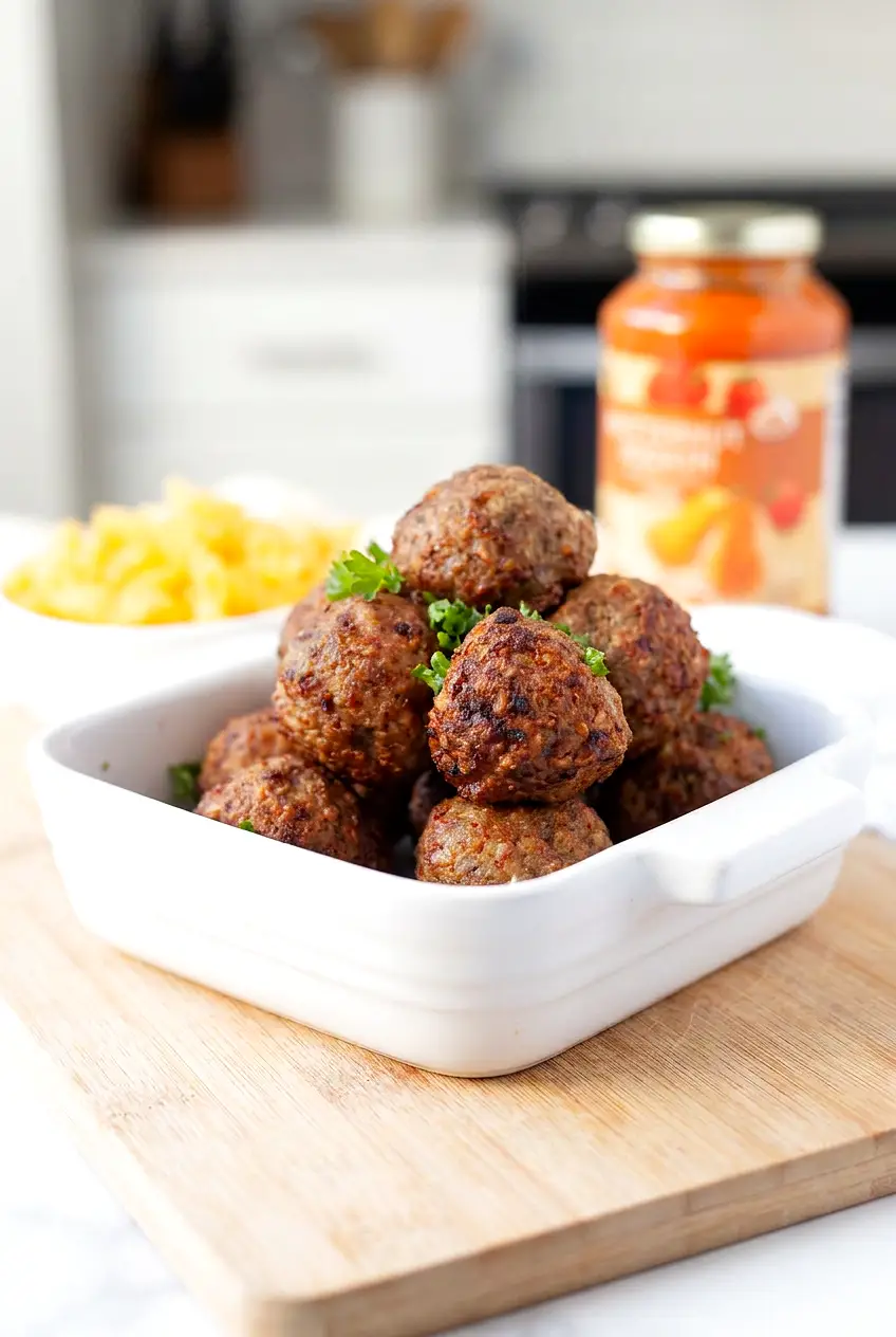 Air fryer meatballs served on a plate with browned, lightly crisped edges