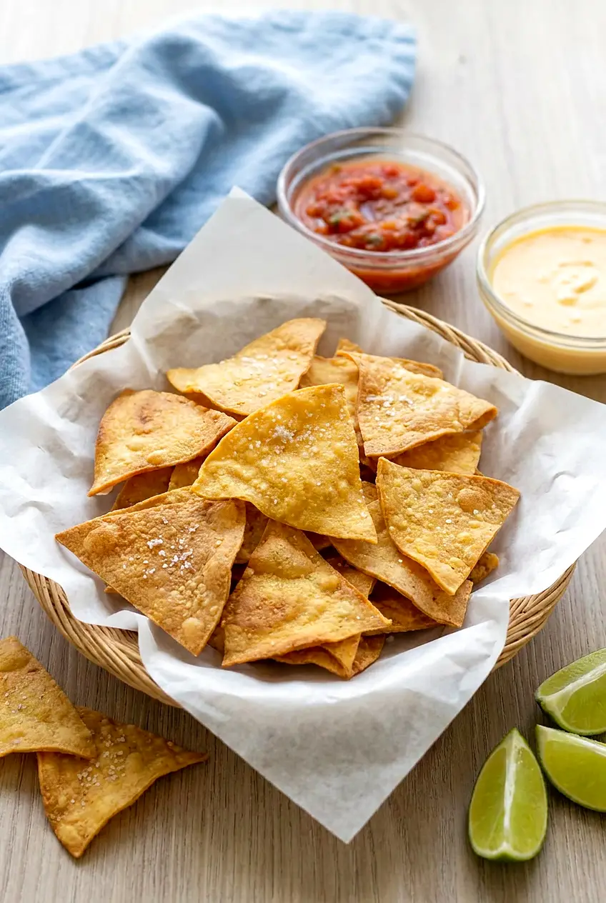 Air fryer tortilla chips served in a basket with salsa, cheese dip, and lime wedges