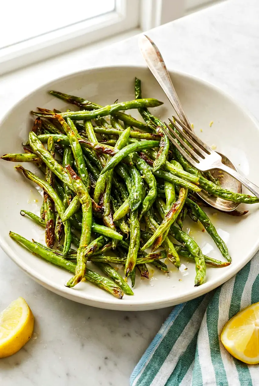 Air fryer green beans served on a plate with lightly browned edges and a squeeze of lemon.