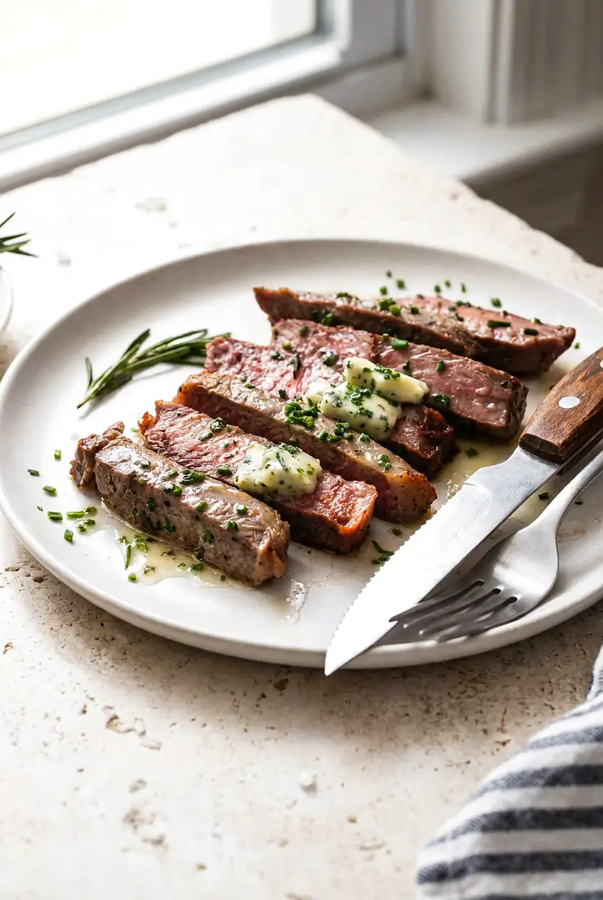 Air fryer New York strip steak served sliced on a plate with a browned crust and herb butter melting on top