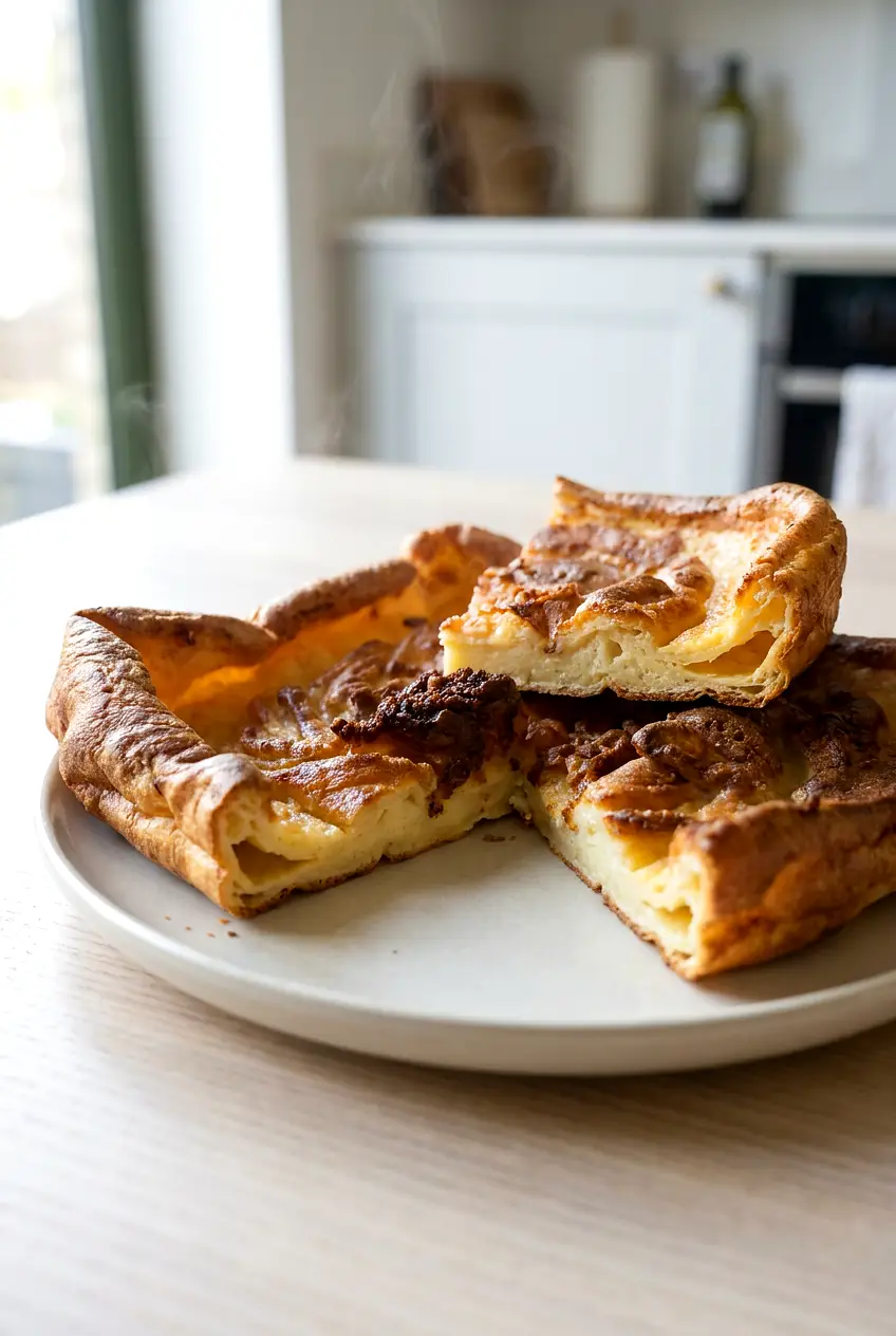 Air fryer Yorkshire pudding served in wedges with crisp browned edges and a soft center