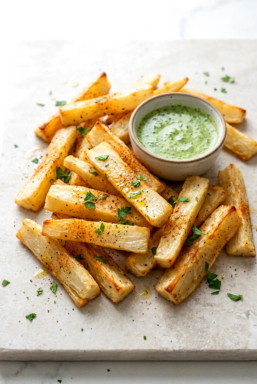 Air fryer yuca fries piled on a plate with golden crisp edges and light seasoning