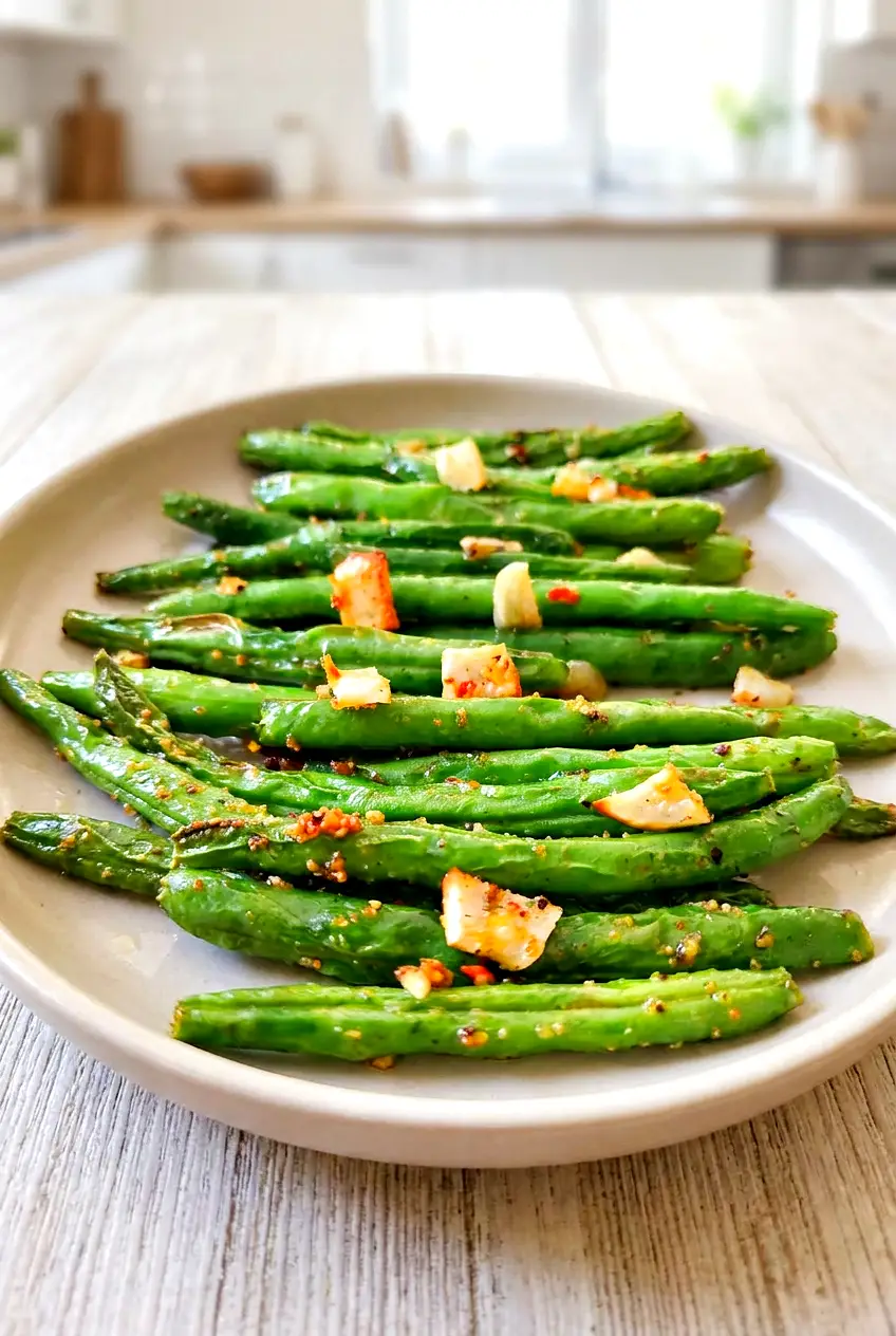 Air fryer green beans plated with garlic seasoning and lightly browned edges