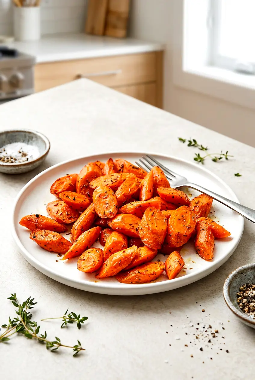 Plate of air fryer carrots with lightly browned edges and thyme seasoning