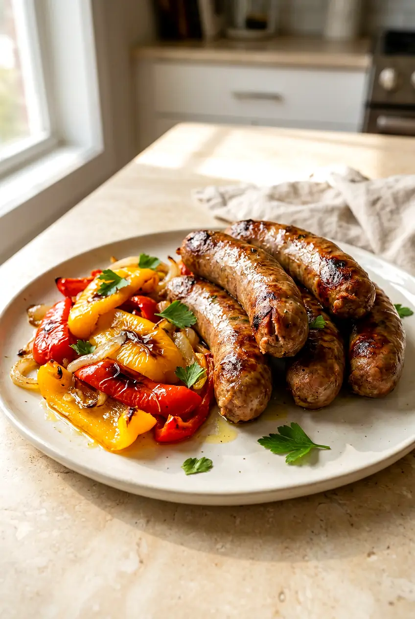 Air fryer Italian sausage and peppers served on a platter with browned sausage links and roasted peppers and onions.